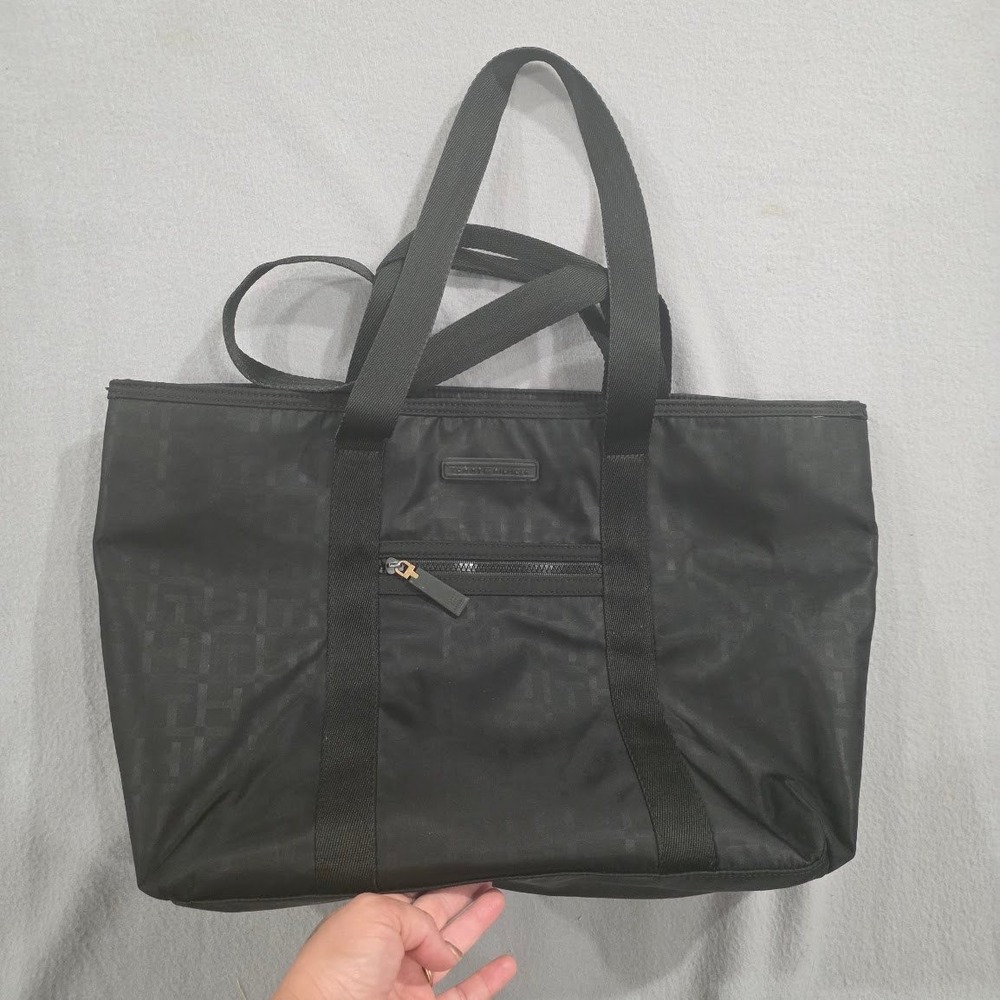 Tommy Hilfiger Black Nylon Tote Bag Monogram Jacquard Shoulder Bag Travel Work
